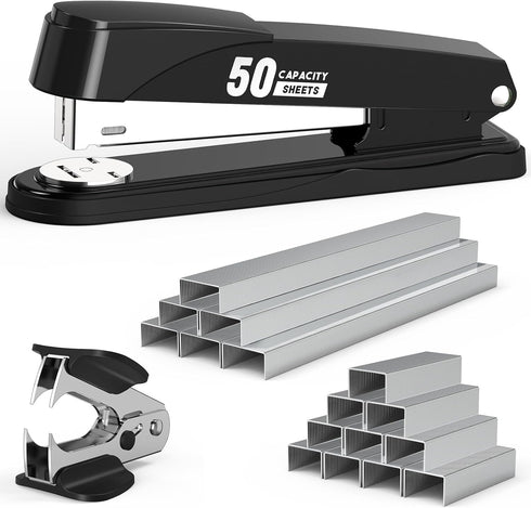 Metal Stapler Heavy Duty 50 Sheet Capacity with 1750 Staples and Staple Remover, Full Strip Staplers for Desk, No Jam, Non-slip Office Stapler wit...