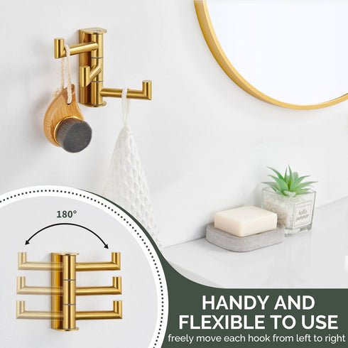 Angle Simple 3 Arms Towel Hook Brushed Gold, 304 Stainless Steel Swivel Triple Towel Holder, Folding Bathroom Hook, Wall Mount...