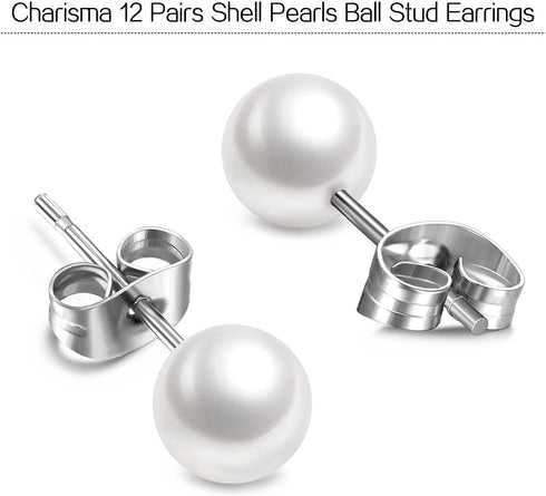 Charisma 8mm Composite Pearl Earrings Round Ball Pearls Stud Earrings Hypoallergenic 12 Pairs Imitation Pearl Earrings Set for Women...