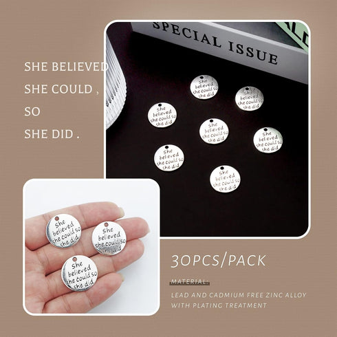JIALEEY 30pcs Alloy She believed she could so she did DIY Message Charms Pendant for Crafting Bracelet Necklace Jewelry Making Accessory, Antique ...