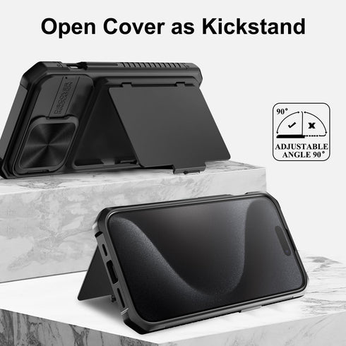for iPhone 15 Pro Case Wallet with Card Holder (4-5 Cards) & Slide Camera Cover & Kickstand, Military Grade Drop Protection Rugged Shockproof Prot...