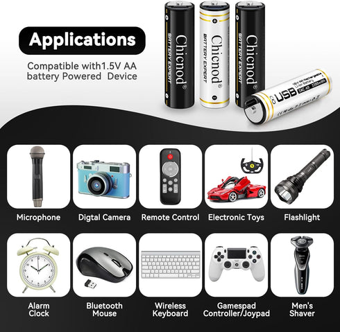 4Pack Rechargable AA Lithium Batteries, 3300mWh Double A Battery 1.5V Constant Output Lithium ion Double A Battery Long Lasting USB Fast Charging...