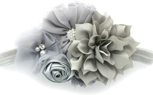 My Lello Headband Shabby Fabric Flower Cluster Baby - Infant - Toddler - Girl Stretchy Elastic Gray...