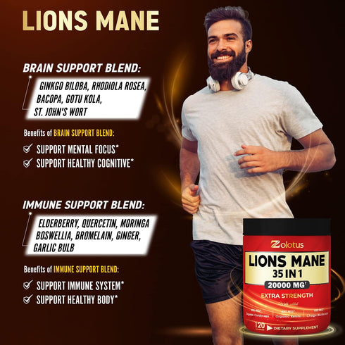 35 in 1 Lions Mane Mushroom Capsules, Equivalent to 20000mg, with Cordeyceps, Reishi, Elderberry, Panax Ginseng, Focus, Memory & Brain Support Sup...