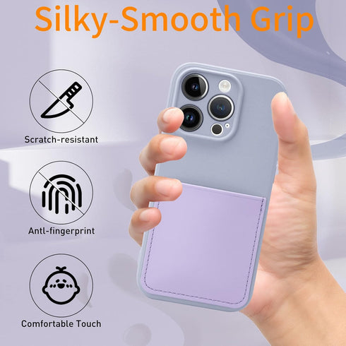 Silicone Wallet Phone Case for iPhone 15 Pro 6.1 Inch with Credit Card Holder Pocket, Full-Body Bumper Protection Camera Protect Case (Light Purpl...