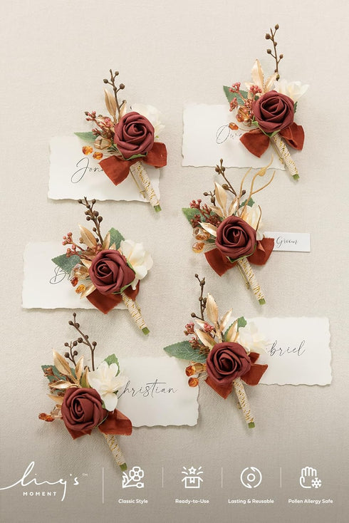 Ling's Moment Boutonniere for Men, 6pcs Groom Groomsmen Boutonniere, Artificial Flowers for Wedding Decor/Prom/Homecoming, etc.Terracotta Orange...