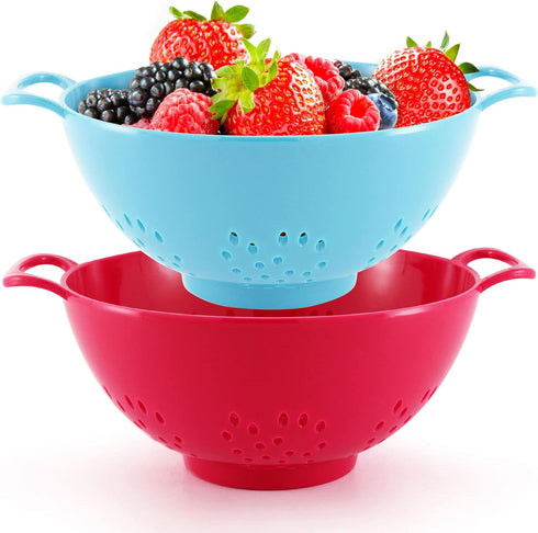 6-in Colander, Dual Handles, BPA-Free, Dishwasher Safe Compact Food Strainer for Fruits, Veggies and Pasta, 3-Cup Capacity, Red and Blue, 2-Pack...