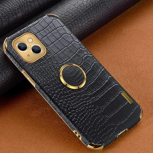 Guppy Compatible with iPhone 15 Plus Ring Holder Case Luxury Crocodile Cover Gold Edge 360 Degree Rotation Stand for Women Slim Leather Snake Liza...