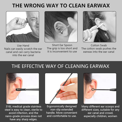 Hion 6 Pcs Ear Wax Removal Kit,Professional Double-Headed Ear Pick Earwax Removal Tools,316L Stainless Steel Ear Cleaner Curette with Cleaning Bru...