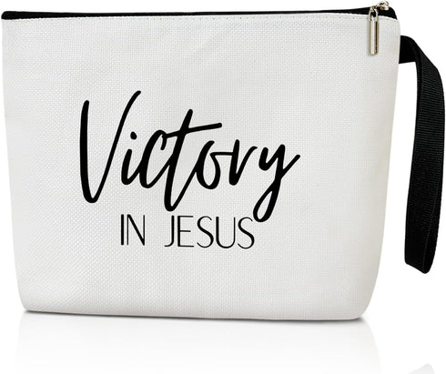 Canvas Makeup Bag for Women, Victory in Jesus Cosmetic Bag Makeup Toiletry Organizer Cute Makeup Pouch Travel Essential Zipper Bag, Pencil Bag Rel...