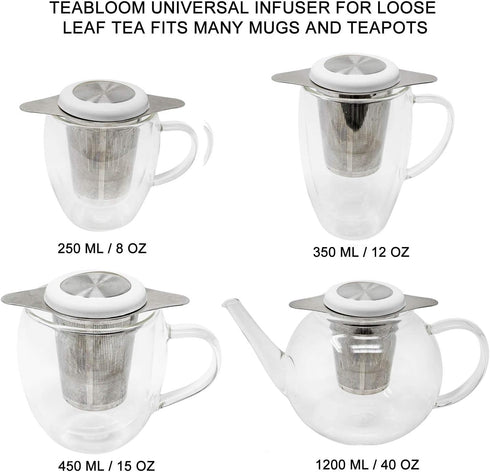 Teabloom Universal Loose Tea Infuser with Dual-function Lid/Dish – Fits Cups, Mugs, Teapots – Lid Touchpoints Remain Cool to the Touch – Steep Tea...
