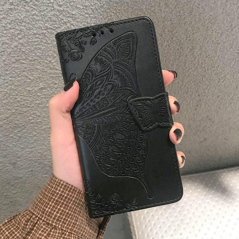 for iPhone 11 Wallet Case,Women Flip Folio Cover with Butterfly Embossed PU Leather Stand Card Holder Slots Magnetic Detachable Wrist Strap for iP...