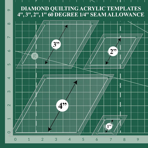 Diamond Quilting Acrylic Templates 4", 3", 2", 1" 60 Degree 1/4" Seam Allowance, 1/8" Acrylic...