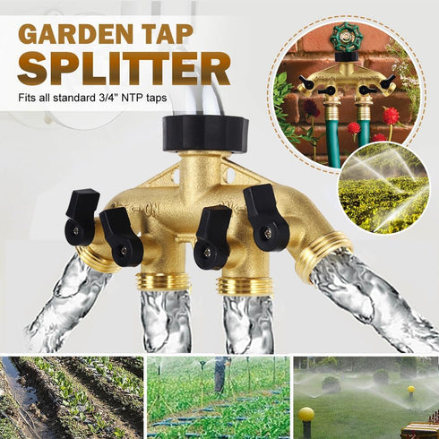 4 Way Brass Garden Hose Splitter Heavy Duty Garden Tap Hose Adapter Nozzle Switcher Connector with 4 Shut-Off Valves for Garden Irrigation Waterin...