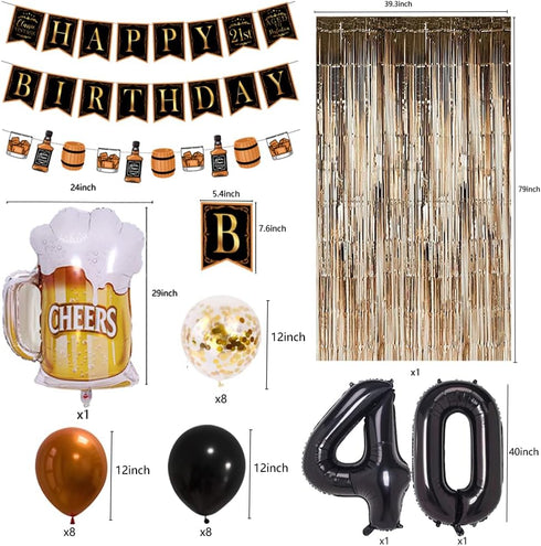 40th Birthday Decorations for Men - Aged to Perfection Whiskey Themed Party Supplies with Foil Balloons and Banner...