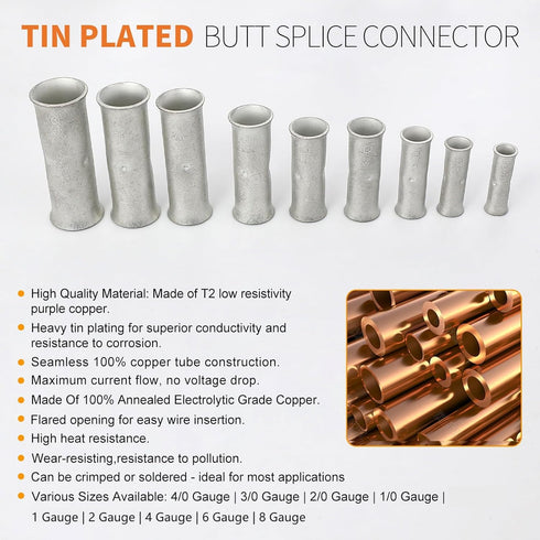 8 Gauge Butt Splice Connectors 30 PCS 8 AWG Non-Insulated Butt Connectors Uninsulated Crimp Wire Butt Connectors Tinned Copper Marine Grade Crimp ...