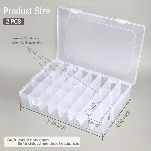 2Pack 24 Grids Craft Organizers and Storage Bead Organizer Tackle Box Organizer with Adjustable Divider, Plastic, Clear...