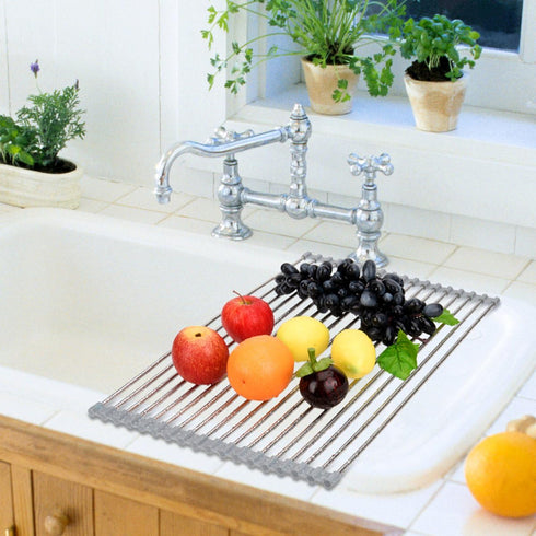 Roll Up Dish Drying Rack 20.5"(L) x 13.8"(W) - Stainless Steel and Silicone Dish Drying Mat Over The Sink Foldable Drain Rack Multipurpose Dish Dr...