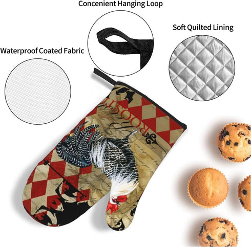 Rooster Print Oven Mitts and Pot Holders Sets with Apron 5Pcs Heat Resistant Rooster Kitchen Mitten Gloves and Non-Slip Potholders Apron Sets Oven...