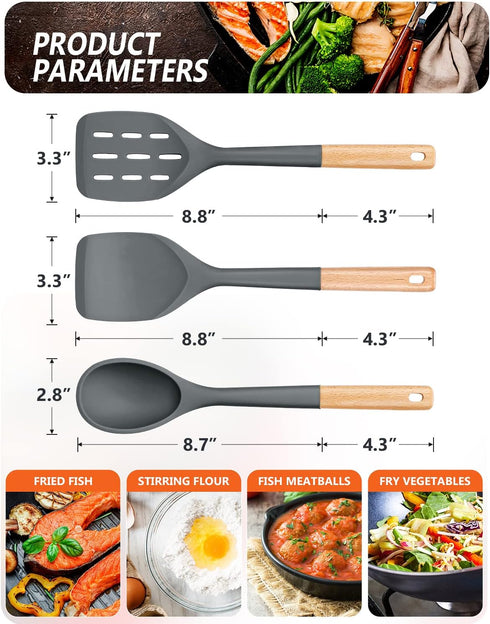 Pack of 3 Silicone Spatula, Non Stick Cooking Utensil Set, Wooden Handle Kitchen Turner for Baking Mixing Grilling Serving Food Heat Resistant, Gr...