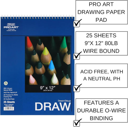 PRO ART Drawing Paper, 9-inch x 12-inch, 25 Sheet Wire Bound Pad, White...