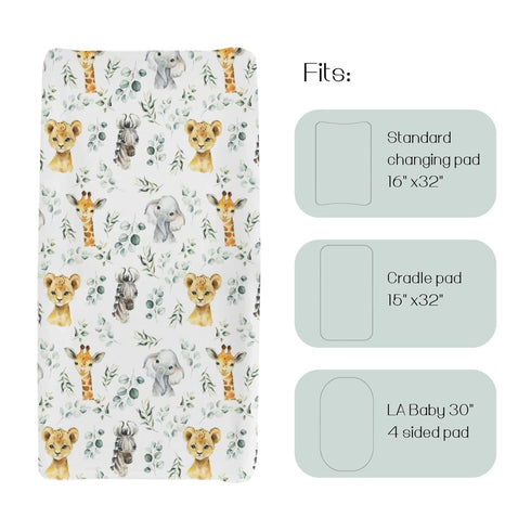 African Safari Jungle Animals Eucalyptus Leaf Changing Pad Cover Baby Girls Boys, Giraffe Elephant Lion Zebra Diaper Change Table Sheet, Stretchy ...