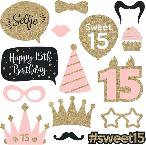 Fully Assembled Sweet 16 Birthday Photo Booth Props - Set of 30 - Pink & Gold Selfie Signs - 16th Party Supplies & Decorations - Cute 16th Bday De...