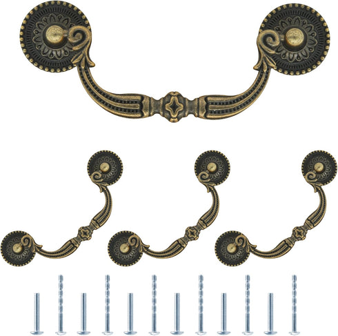 4Pcs 3.75 Inch Hole Center Vintage Drop Bail Drawer Pull Handles, Antique Bronze Cabinet Pulls with Screws for Furniture, Kitchen, Wardrobe, Cupbo...