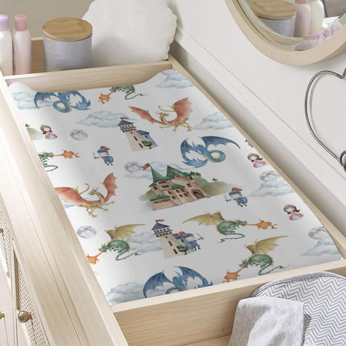 Fairytale Dragons Castle Changing Pad Cover Watercolor Dragon Princess Knight Moon Clouds Baby Nursery Diaper Change Pad Sheets for Boy Girl Soft ...
