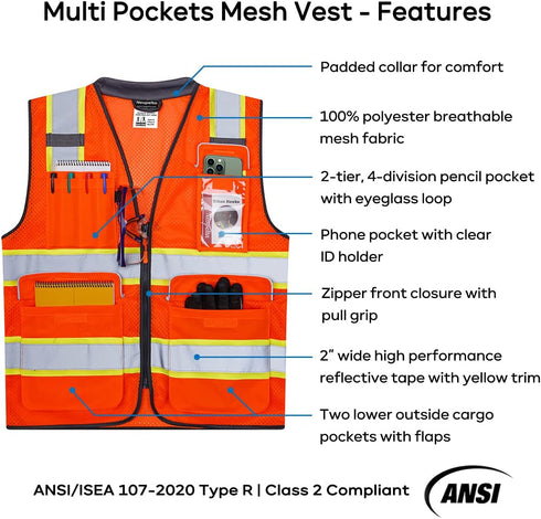 Reflective Safety Vest Orange Mesh, High Visibility Vest with Pockets and Zipper, Padded Neck, Construction Work Vest ANSI Class 2, Orange with Ye...