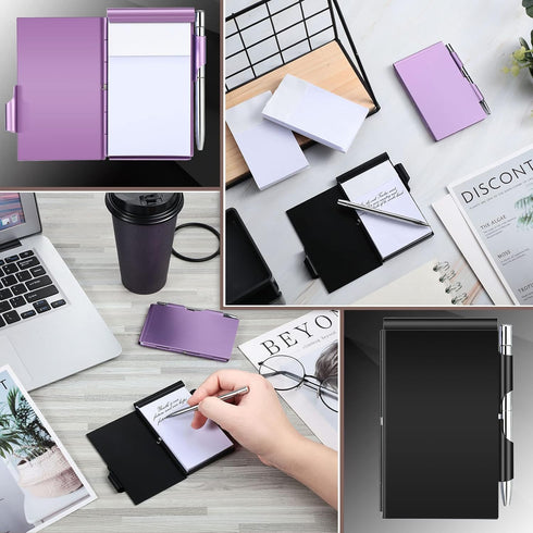 Zonon 8 Pieces Metal Pocket Notebook Aluminum Notepad with Pen and Refillable Paper Flip Notepad Mini Notepad Holder Travel Notepad with Pen Holde...