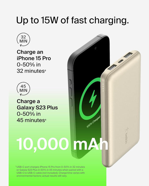 Belkin BoostCharge USB-C Portable Charger 10k Power Bank w/ 1 USB-C Port and 2 USB-A Ports with USB-A to USB-C Cable for iPhone 15, 15 Plus, 15 Pr...