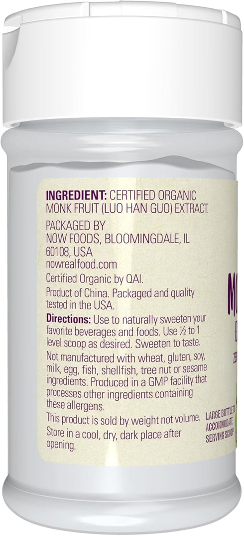 NOW Foods, Certified Organic Monk Fruit Extract Powder, Zero Calorie Sweetener, Large Bottle for Serving Scoop, Certified Non-GMO, 0.7-Ounce...