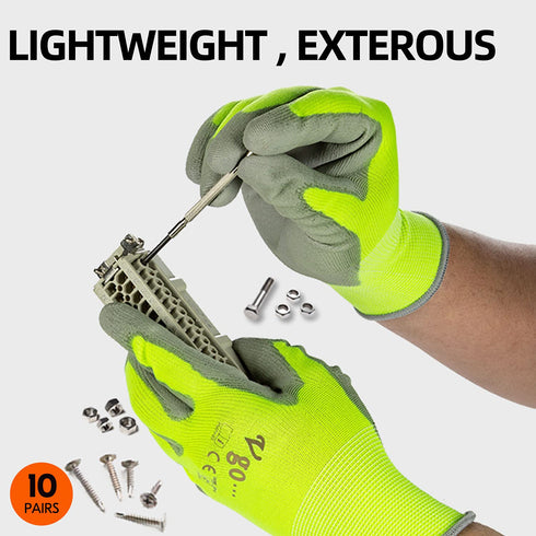 Vgo... 10-Pairs Safety Work Gloves, Gardening Gloves, Polyurethane Coated, Dipping Gloves, Latex Free (Size L, Yellow, PU2103)...