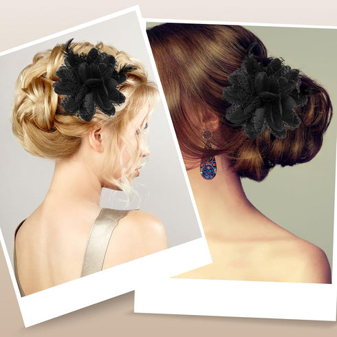 Black Ladies Feather Flower Hair Clip Elegant Hat Flower Mesh Ribbons Brooch Pin Hair Accessory Fascinator Headwear Floral Corsage for Women and G...