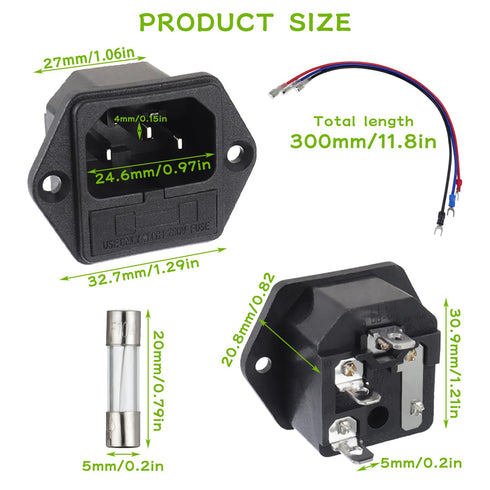 AC 250V 10A 2 in 1 Mount Inlet Module Plug Socket Power Entry Connector Male Blades with 10A Fuse and 18 AWG Extension Cable...