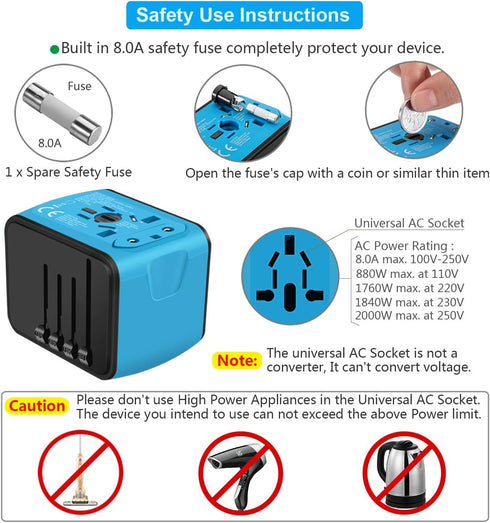 Travel Adapter Worldwide, Universal International Power Plug Adapter W/2.4A 3xUSB-A and 3.0A Type-C Wall Charger, European Travel Plug Adapter for...