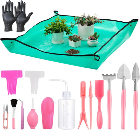 Melphoe 25Pcs Mini Garden Hand Transplanting Succulent Tools Set, 39.4" Thickened Repotting Mat & Plant Tag, Miniature Planting Indoor Fairy Care,...