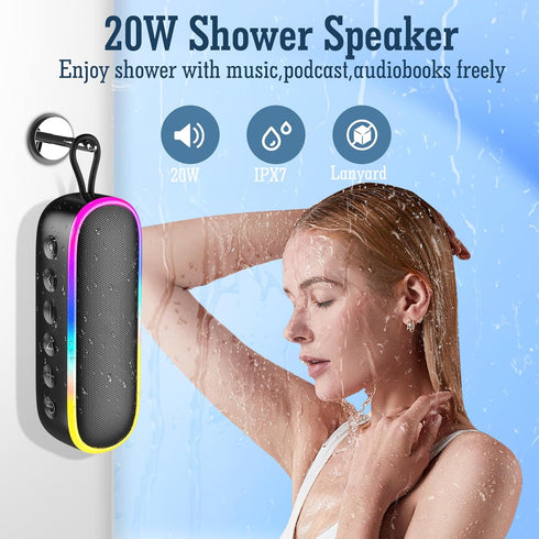 LENRUE Bluetooth Shower Speaker,IPX7 Waterproof Portable Wireless Speakers,20W Clear Sound,Extral Bass,Dynamic Lights,Outdoor Speaker for Pool,Bea...