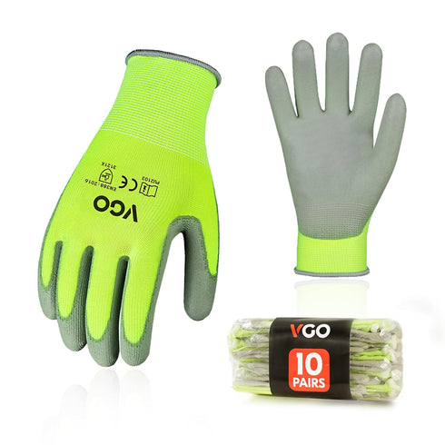Vgo... 10-Pairs Safety Work Gloves, Gardening Gloves, Polyurethane Coated, Dipping Gloves, Latex Free (Size L, Yellow, PU2103)...