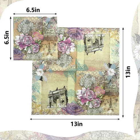 40 Count Decoupage Paper Napkins Beach,Designed Vintage Flowers Prints Cocktail Napkins,Serviettes Napkins for Wedding,Dinner and Party,Napkins Pa...