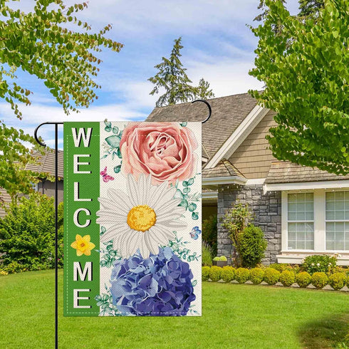 Welcome Spring Summer Daisy Garden Flags 12.5x18 Inch double sided,Spring Hydrangea Flowers Yard Holiday Outdoor Burlap Garden Farmhouse Decor...