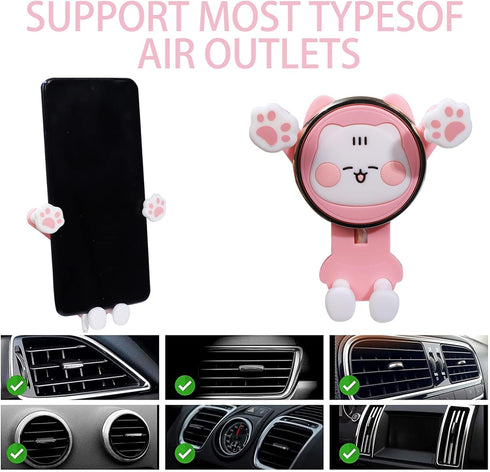 Cute Phone Mount for Car, Pink Cat Air Vent Clip Cell Phone Holder for Car Compatible with 4-7 inch Smartphones, Car Accessories for Women and Gir...