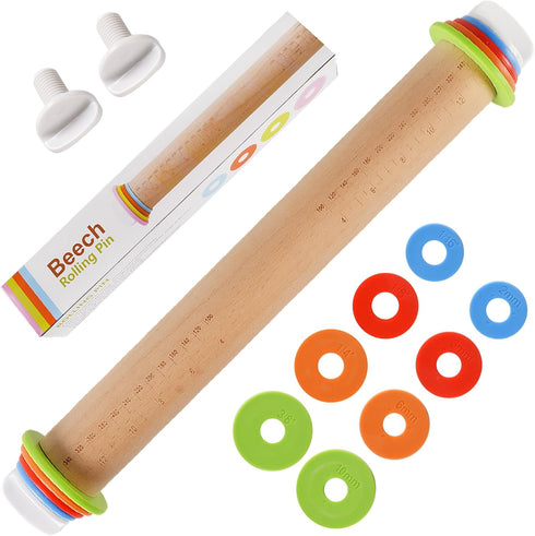 Wood Rolling Pin With 4 Adjustable Thickness Rings, Non-stick Dough Roller For Baking, 17 Inch Pizza Roller For Kitchen supplies, Handle Press Des...