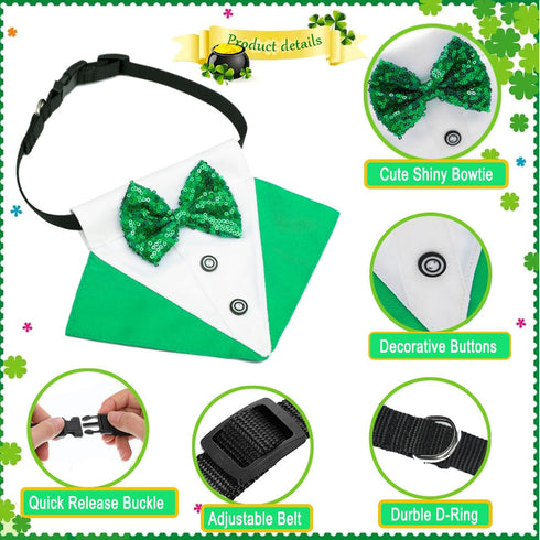 3Pack St.Patrick's Day Dog Costume Puppy Bandana Top Hat Green Shamrock Bow Tie Collar Adjustable Pet Scarf Formal Tux Clothes Irish Tuxedo Outfit...