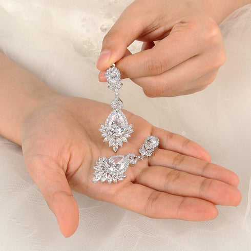EVER FAITH Women's Wedding Jewelry Cubic Zirconia Marquise Teardrop Bridal Pierced Dangle Earrings Silver-Tone...