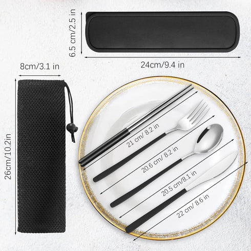 Reusable Utensils with Case, Travel Silverware Set with Case, 18/8 Stainless Steel Flatware Set Include Knife Forks Spoons Chopsticks Portable Cut...