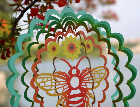 Kinetic 3D Metal Bee Wind Spinner Hanging Ornament Worth Gift for Home and Garden - 12inch Bee Mandala Kinetic Hanging Whirligigs Sun Catcher Wind...