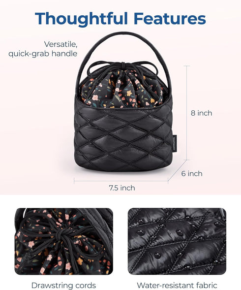 BAGSMART Barrel Drawstring Makeup Bag, Travel Toiletry Bag, Large Cosmetic Bag, Portable Make Up Bags for Women Toiletries Accessories Brush, Blac...