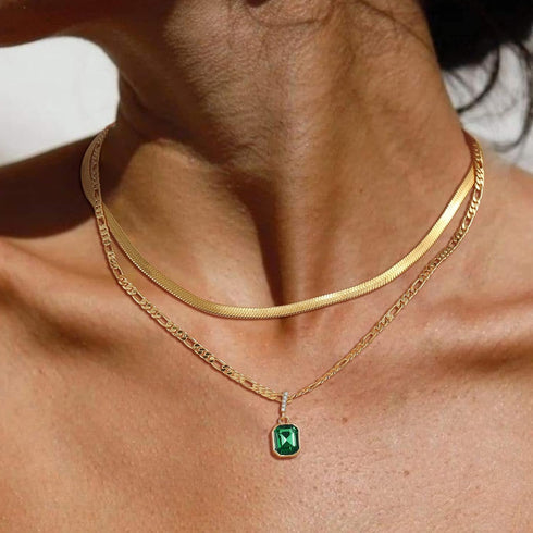 ACECHA Gold Layered Necklaces for Women, 18K Gold Plated Emerald Pendant Rectangle Necklaces for Teen Girls, Layering Choker Necklace Jewelry Gift...
